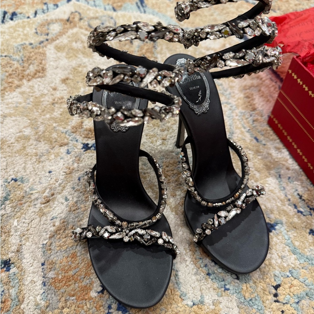 Rene Caovilla Black Jeweled Spiral Wrap Sandals - Picture 3 of 14